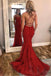 Burgundy Spaghetti Strap Mermaid Stunning Prom Dresses with Lace Appliques INJ3