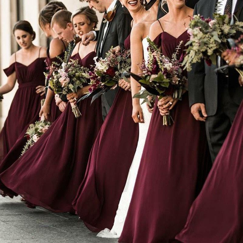 Spaghetti Straps Cheap Chiffon Off Shoulder Burgundy Bridesmaid Dresses ING61