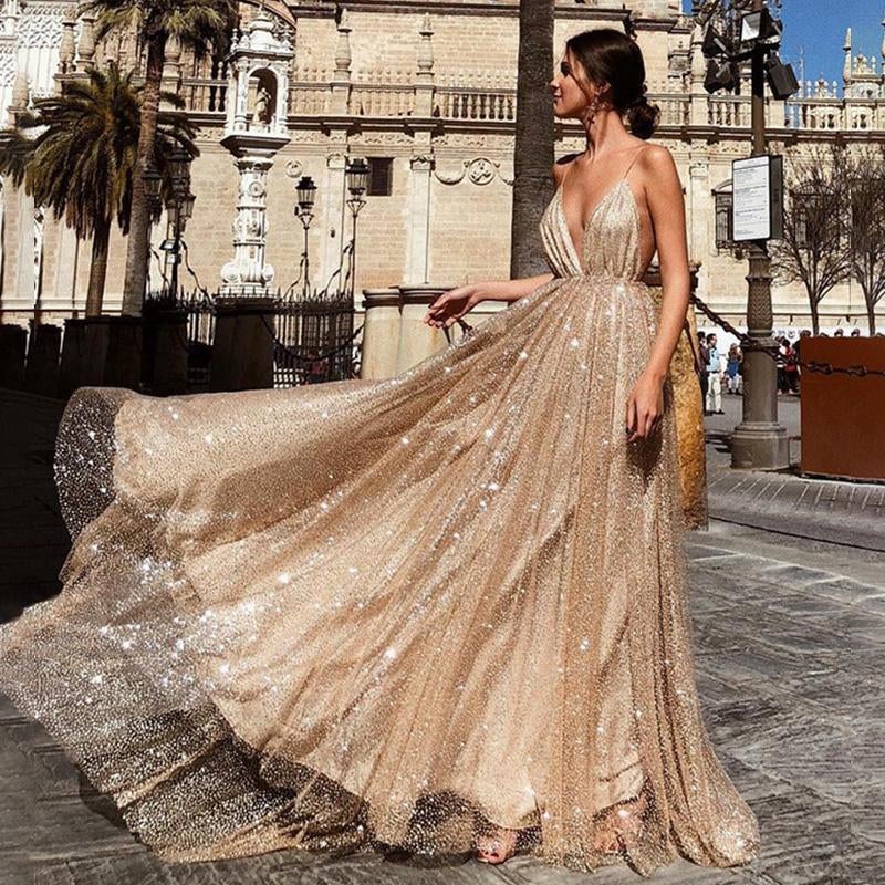 Charming A Line V Neck Spaghetti Straps Sequin Long Prom Dress INE44