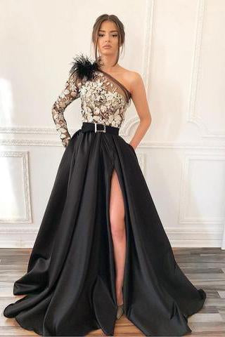 A-Line One-Shoulder Black Long Lace Appliqued Split Prom Dress with Pockets INJ11