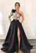 A-Line One-Shoulder Black Long Lace Appliqued Split Prom Dress with Pockets INJ11