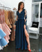 A Line Long Sleeves V Neck Dark Blue Prom Dresses With Appliques INI67