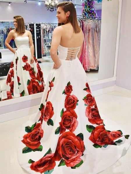 Rose Red Floral Long Prom Dresses with Pockets Strapless Evening Gown INI64