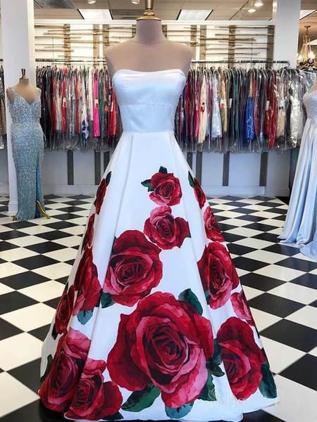 Rose Red Floral Long Prom Dresses with Pockets Strapless Evening Gown INI64