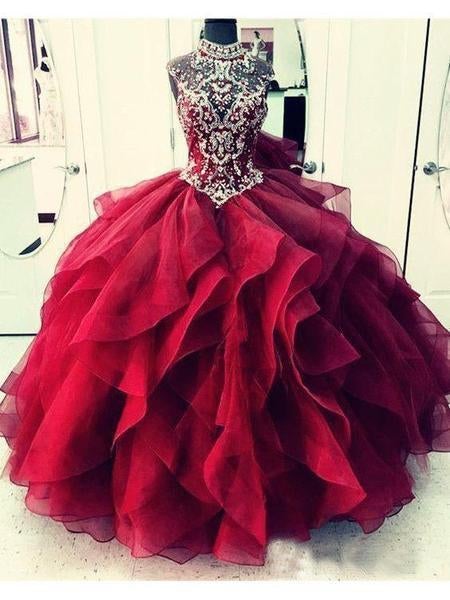 Royal Blue Organza High Neck Quinceanera Dresses Burgundy Beading Prom Dresses INI22