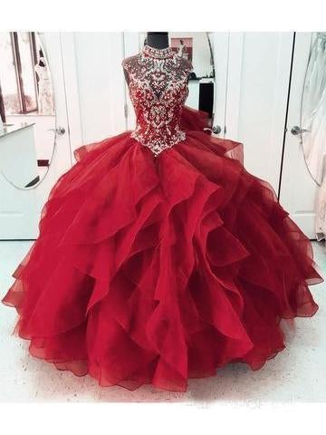 Royal Blue Organza High Neck Quinceanera Dresses Burgundy Beading Prom Dresses INI22