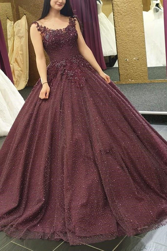 Burgundy Long Formal Ball Gown Prom Dresses With Lace Applique INK52