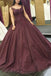 Burgundy Long Formal Ball Gown Prom Dresses With Lace Applique INK52