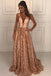 A-Line Deep V-Neck Floor-Length Lace Prom Dress with Beading INK72