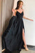 Stunning A-line Spaghetti Straps Long Black Prom Dress with Split INJ63