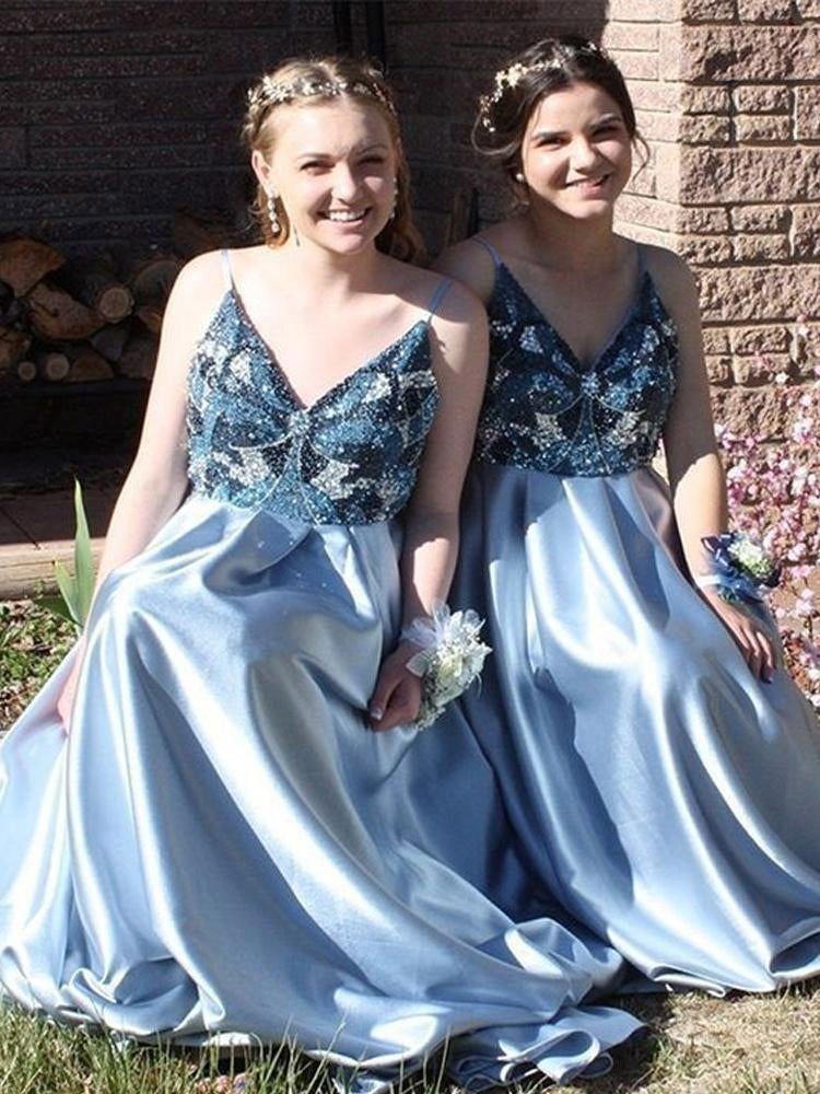A-Line Spaghetti Straps Backless Blue Popular Prom Dress with Beading,Bridesmaid Dresses INH53