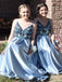 A-Line Spaghetti Straps Backless Blue Popular Prom Dress with Beading,Bridesmaid Dresses INH53