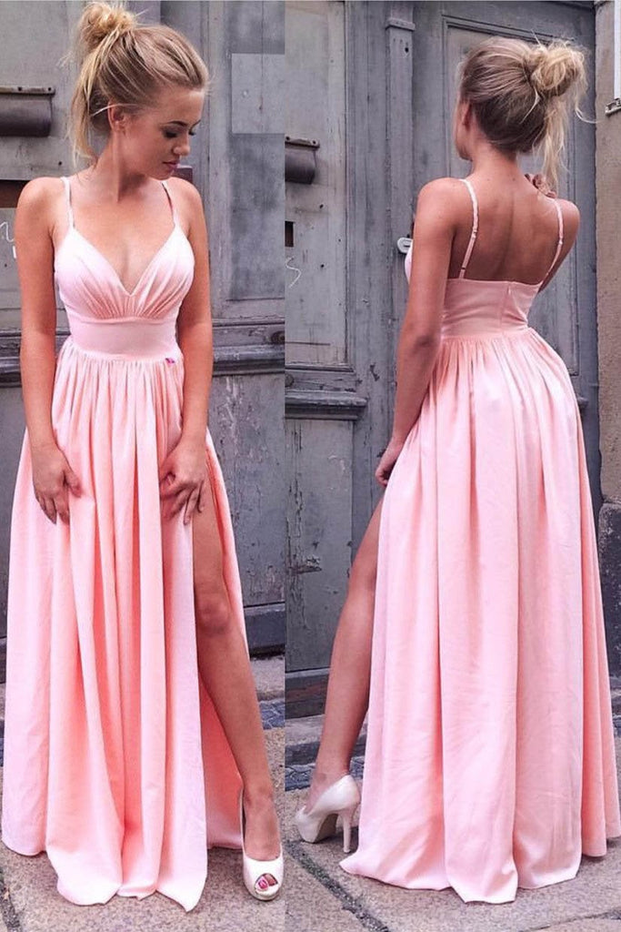 Simple Spaghetti Straps Pink V Neck Long Prom Dress with Slit IN648