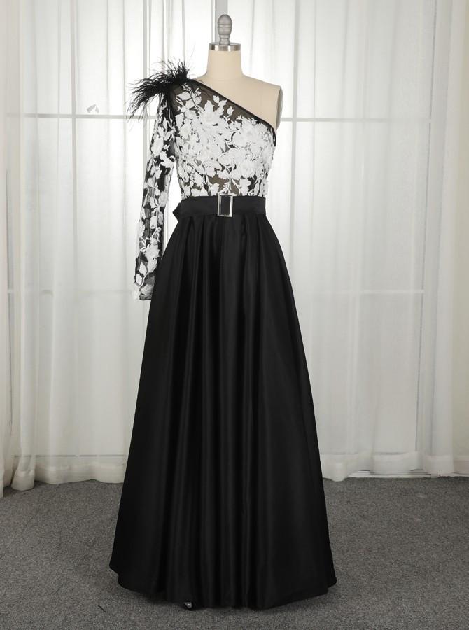 A-Line One-Shoulder Black Long Lace Appliqued Split Prom Dress with Pockets INJ11
