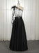 A-Line One-Shoulder Black Long Lace Appliqued Split Prom Dress with Pockets INJ11