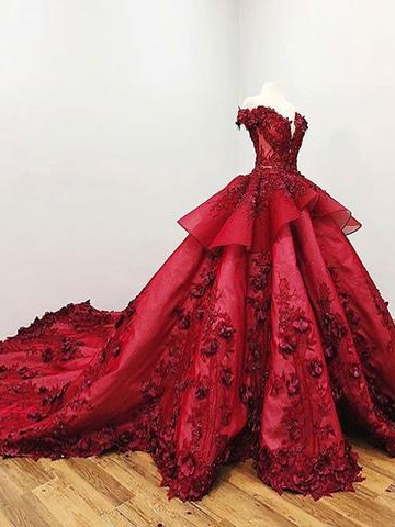Charming Red Ball Appliques Gown Prom Dress With Beads, Quinceanera Dresses INF37