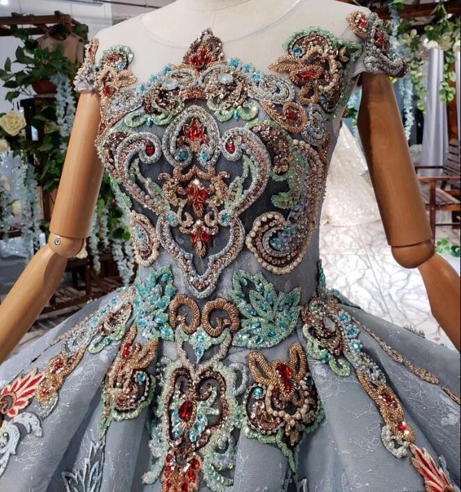 Ball Gown Light Blue Cap Sleeve Long Prom Dresses, Beaded Lace up Quinceanera Dresses INN75