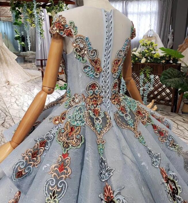 Ball Gown Light Blue Cap Sleeve Long Prom Dresses, Beaded Lace up Quinceanera Dresses INN75