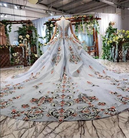 Ball Gown Light Blue Cap Sleeve Long Prom Dresses, Beaded Lace up Quinceanera Dresses INN75