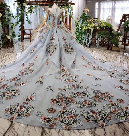 Ball Gown Light Blue Cap Sleeve Long Prom Dresses, Beaded Lace up Quinceanera Dresses INN75