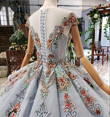 Ball Gown Light Blue Cap Sleeve Long Prom Dresses, Beaded Lace up Quinceanera Dresses INN75