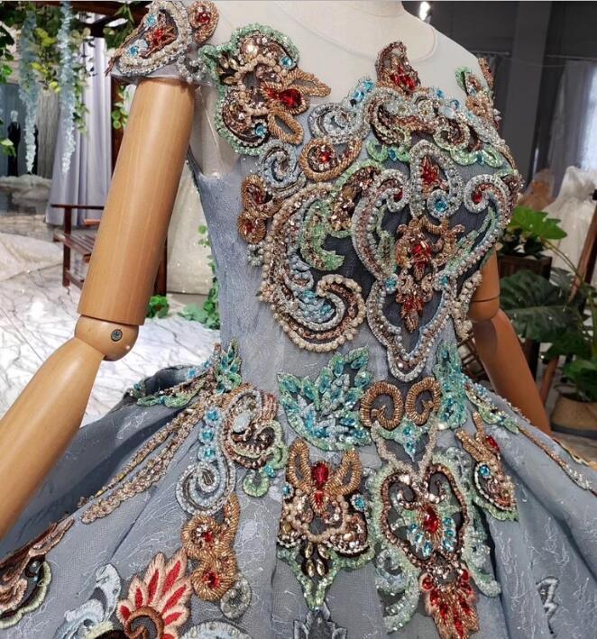 Ball Gown Light Blue Cap Sleeve Long Prom Dresses, Beaded Lace up Quinceanera Dresses INN75