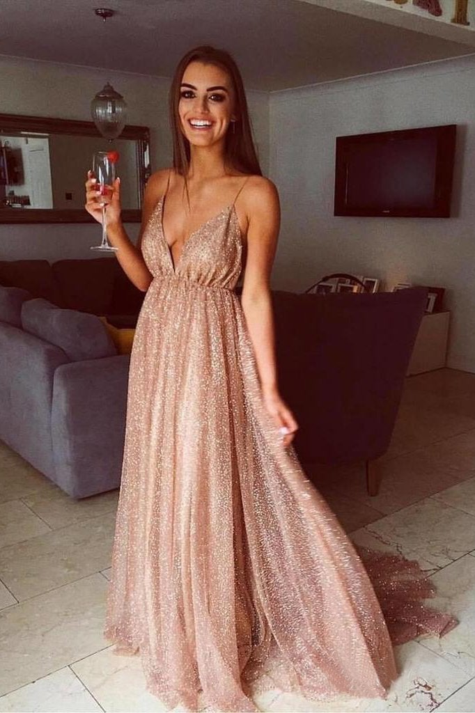 Sexy Sparkly Sequins Spaghetti Strap Prom Dresses V Neck Formal Evening Dress INH50