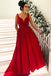 Simple Broad Straps Red Long Prom Dresses with Pocket V Neck Cheap Formal Dress INI9
