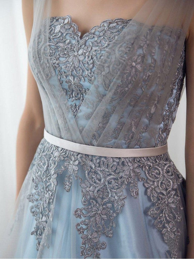 Sky Blue Formal Long Lace Appliqued Gray Tulle Prom Dresses Cheap Quinceanera Dresses INP2