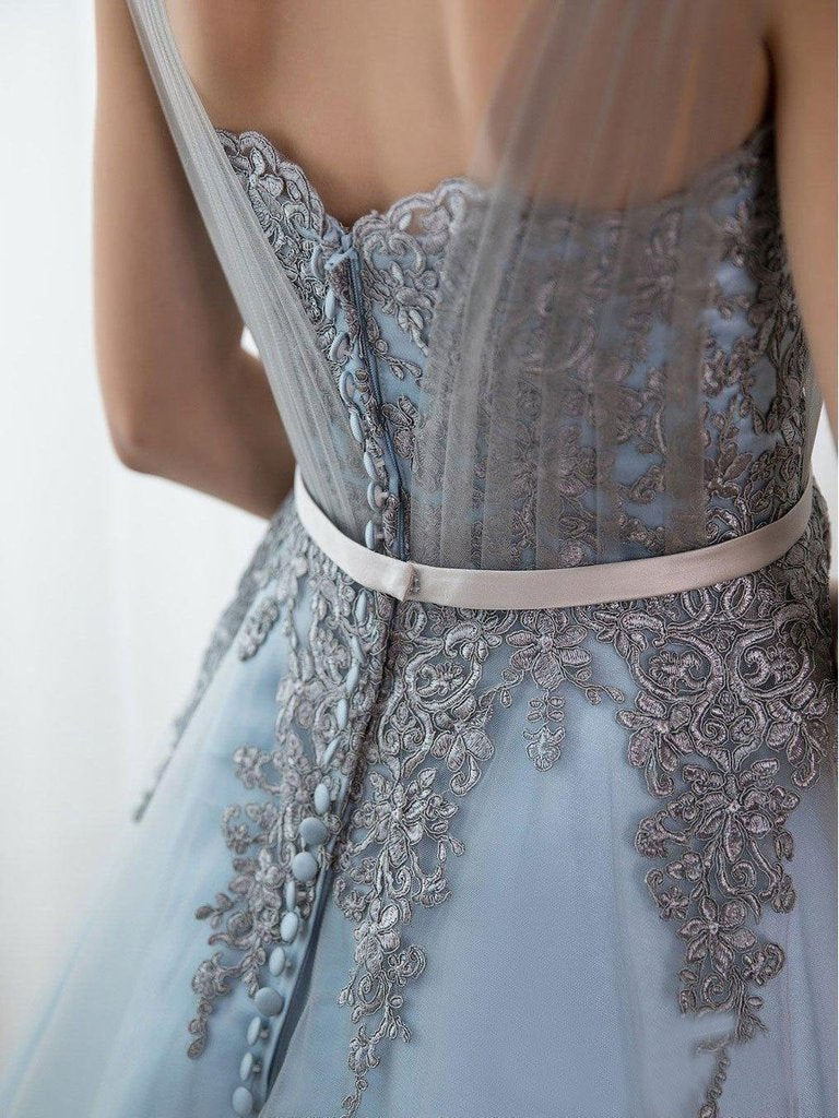Sky Blue Formal Long Lace Appliqued Gray Tulle Prom Dresses Cheap Quinceanera Dresses INP2