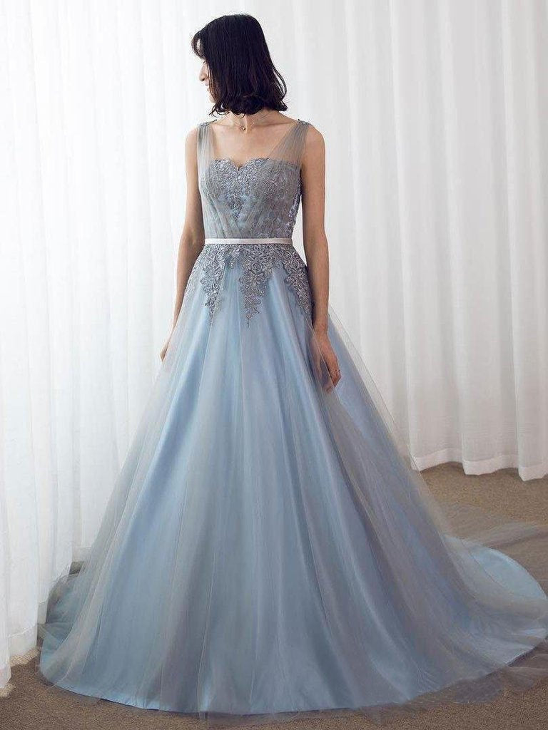 Sky Blue Formal Long Lace Appliqued Gray Tulle Prom Dresses Cheap Quinceanera Dresses INP2