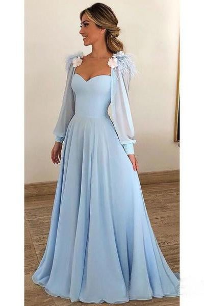 Light Blue A Line Long Chiffon Prom Dresses with Sleeves Modest Forma Evening Dress INH42
