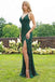 Spaghetti Strap Emerald Green Prom Dresses Slit Sheath Sequined Formal Evening Dress INI63