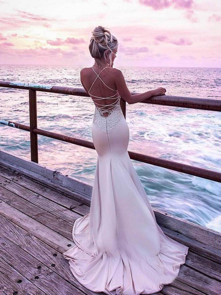 Spaghetti Strap V Neck Lace Long Mermaid Prom Dress INL45
