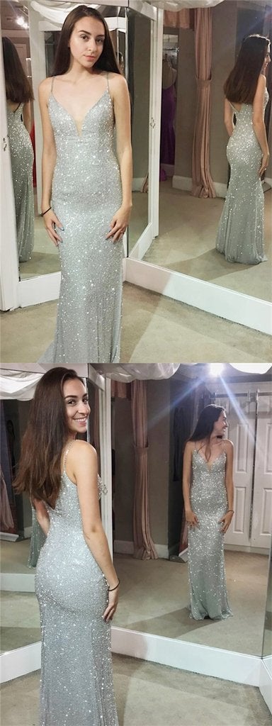 Shiny Mermaid Spaghetti Sheath Silver Long Sexy Prom Dresses ING35