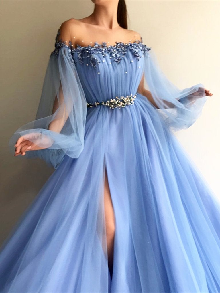 Elegant Blue Long Sleeves Off the Shoulder Beaded Crystal Side Slit Prom Dresses INC78