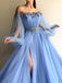 Elegant Blue Long Sleeves Off the Shoulder Beaded Crystal Side Slit Prom Dresses INC78