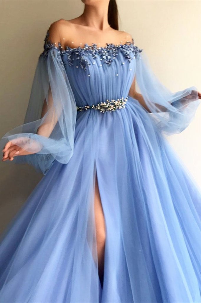 Elegant Blue Long Sleeves Off the Shoulder Beaded Crystal Side Slit Prom Dresses INC78
