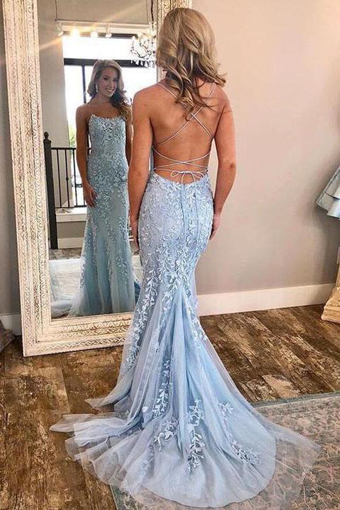 Burgundy Spaghetti Strap Mermaid Stunning Prom Dresses with Lace Appliques INJ3