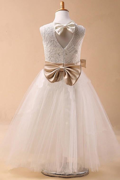 Ball Gown Jewel Sleeveless Bowknot Long Tulle Flower Girl Dresses With Sash IN702