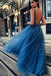 Cheap A Line Tulle Blue V Neck Beaded Long Prom Dresses INH24