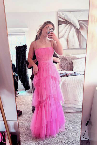 Hot Pink A Line Tulle Long Prom Dress Layered Ruffles Formal Evening Gown INDP1