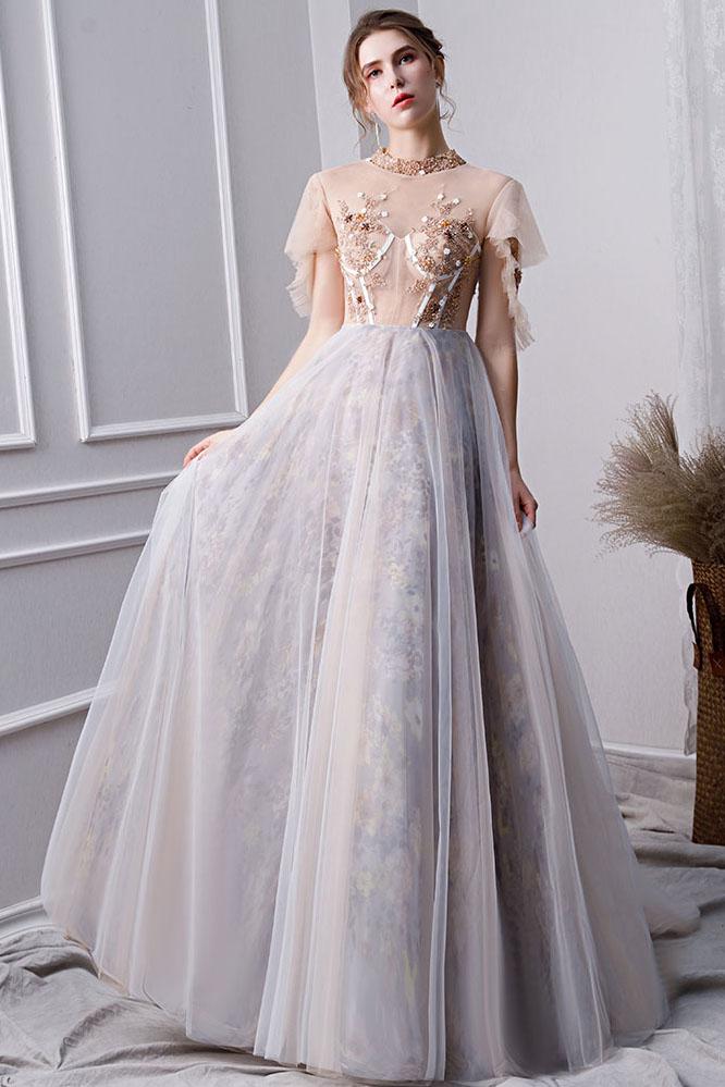 Gray A Line High Neck Short Sleeves Prom Dresses With Beads INL26