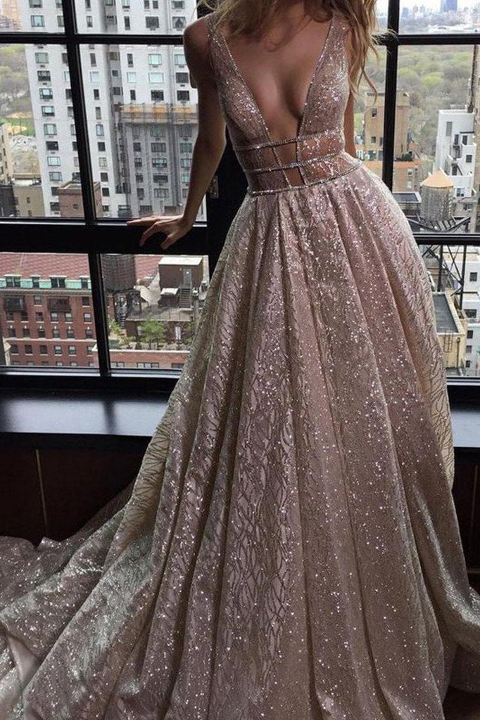 Modest A-line Silver Tulle V-Neck Rhinestone Prom Evening Dress Party Dress IN580