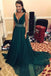 Simple V-Neck Sweep Train Dark Green Chiffon Prom Dress with Beading INF67