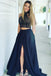 A-line Lace Bodice Navy Two Piece High Neck Prom Dresses Pockets with Split IN635