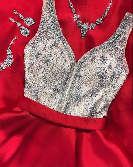 Red A Line Long Backless Beaded Prom Dress with Pockets INK67