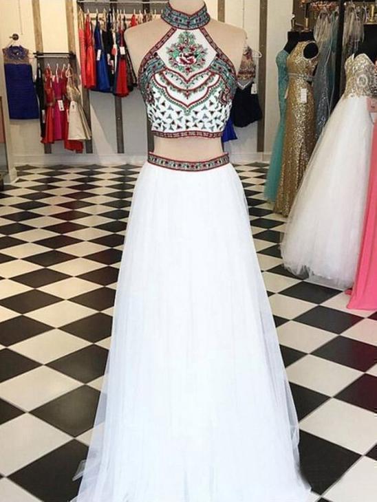 Two Piece Halter Embroidered Tulle Prom Dresses Cheap A Line Long Formal Dresses INN78