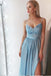 Simple A-Line Spaghetti Straps Blue Chiffon Long Prom Dress with Slit INB26