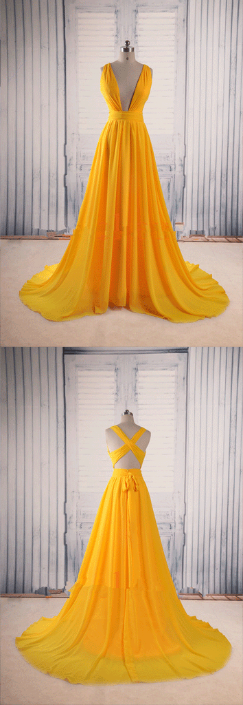 Yellow A Line V Neck Criss Cross Back Chiffon Long Prom Dress INB58